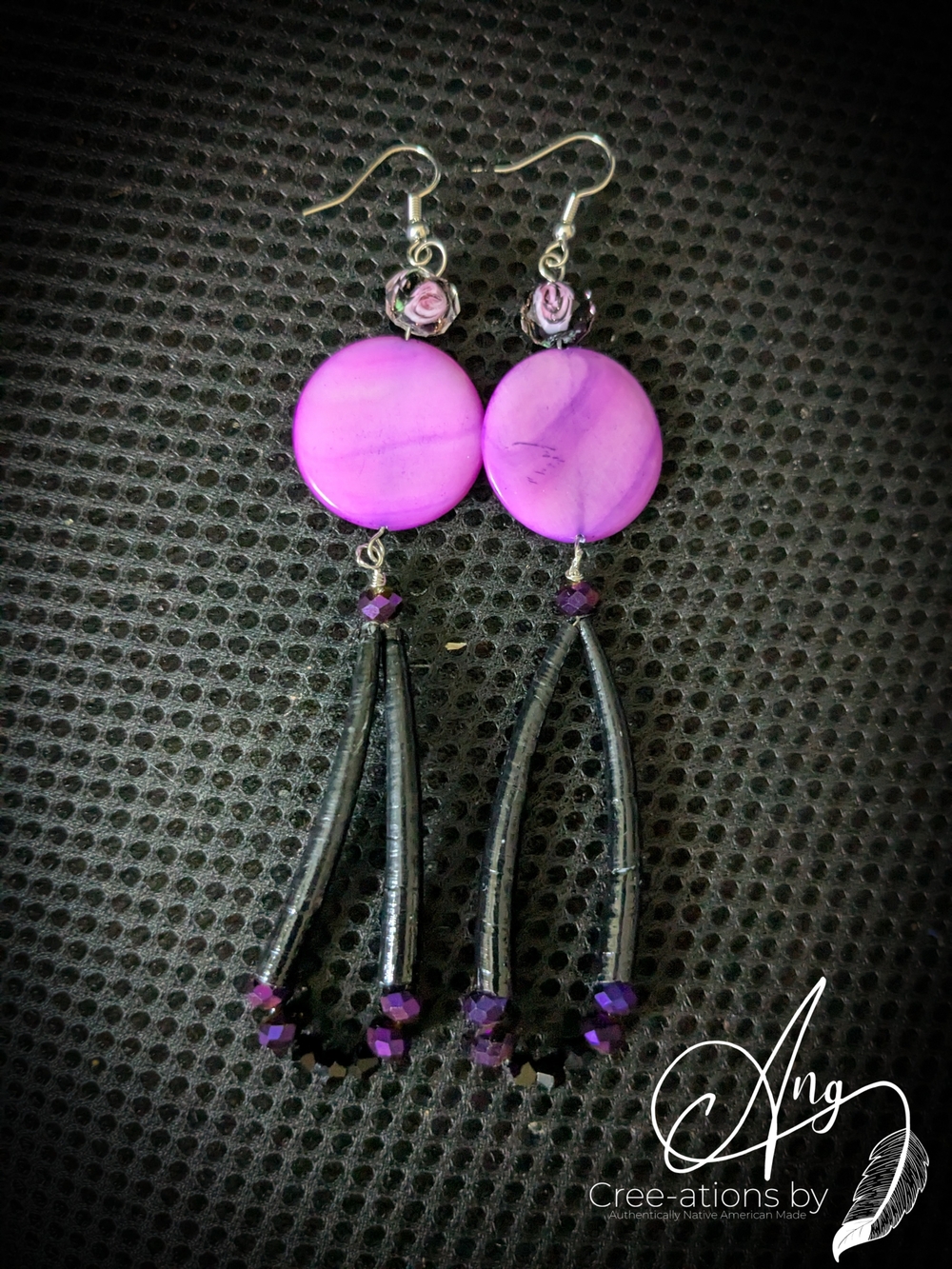 Native American Plum Purple & Black Shell Earrings With Crystal Beads